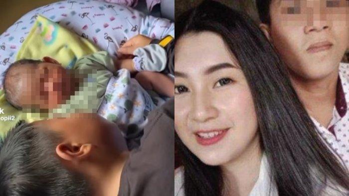 Seorang bocah menangisi kepergian ibunya yang dibunuh sang ayah di Minahasa Selatan (kiri) dan foto korban semasa hidup bersama suaminya (kanan). Bocah itu meratapi ayahnya yang dengan tega menghabisi nyawa ibunya.