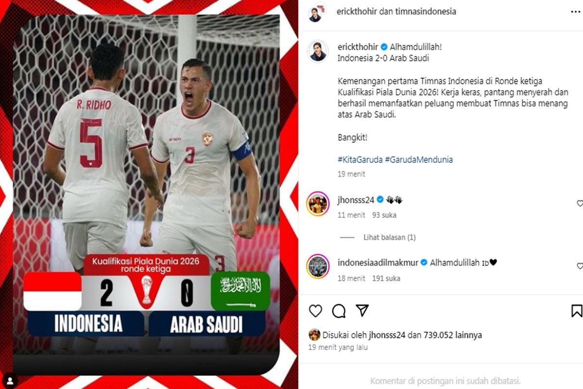 Erick Thohir Ketua Umum PSSI Ungkap Rasa Syukur Indonesia Menang Lawan Arab Saudi, Selasa (19/11/2024)
