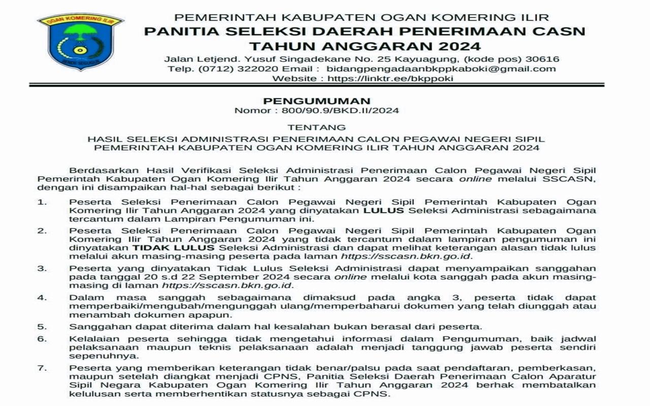 Pengumuman CPNS 2024 KAB OKI