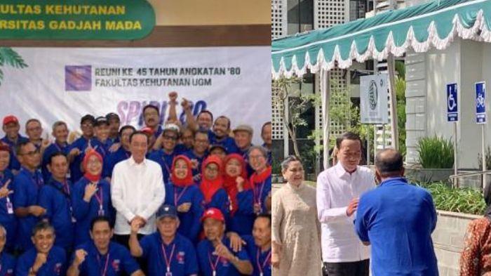 REUNI - (kanan) Presiden ketujuh RI, Joko Widodo, bersama Iriana menghadiri reuni ke-45 Angkatan 1980 Fakultas Kehutanan Universitas Gadjah Mada (UGM) di Yogyakarta, Sabtu (26/7/2025).
(kiri) Jokowi swafoto bersama teman-teman angkatan 80