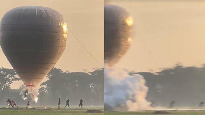 Balon udara tanpa awak yang membawa petasan dan meledak di area persawahan Dusun Muneng Tengah, Desa Muneng, Kecamatan Balon, Kabupaten Ponorogo, Senin (13/5/2024).
