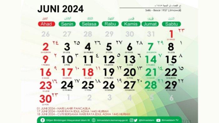 Kalender Juni 2024 dan Masehi 1445