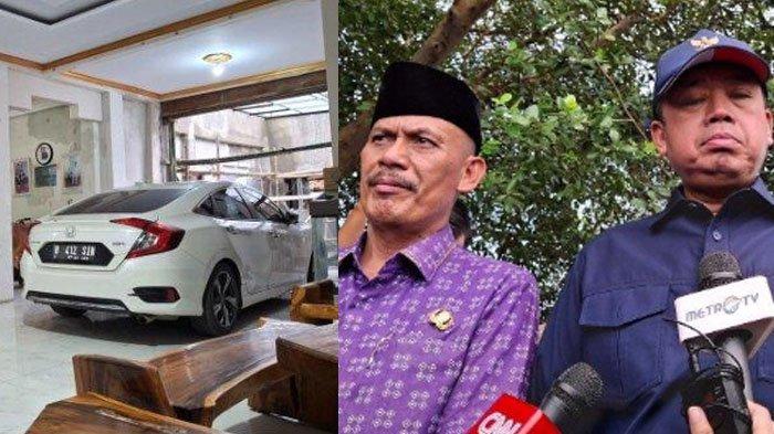 RUBICON KADES KOHOD. Foto kolase. Kiri: kondisi rumah Kades Kohod, Arsin yang tak berpenghuni setelah polemik pagar laut Tangerang. Tampak mobil civic terparkir di depannya. Foto kanan: Arsin usai berdebat dengan Menteri ATR/BPN Nusron Wahid soal SHGB pagar laut Tangerang.