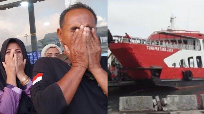 KAPAL TENGGELAM - Tangis Baihaki (tengah) langsung pecah ketika mengetahui anaknya, Romi Alfa Hidayat, berhasil menyelamatkan diri dalam tragedi Tenggelamnya KMP Tunu Pratama Jaya, Rabu (2/7/2025). Foto kanan: diduga kapal yang tenggelam.
