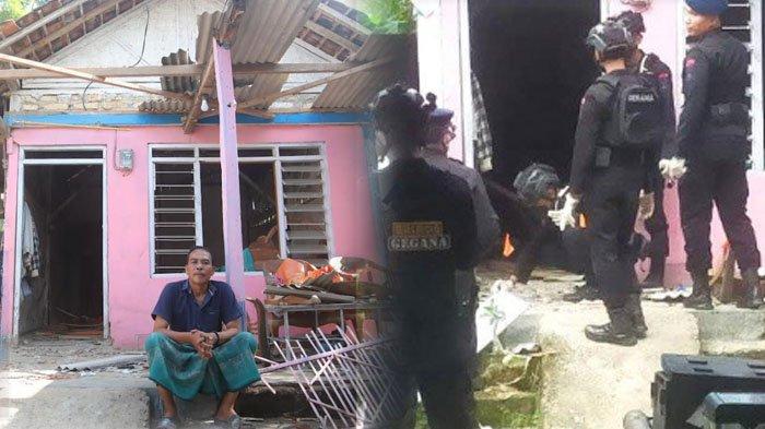 Ketua KPPS di Pamekasan, Kusyairi duduk di depan rumahnya yang berantakan akibat dilempari bom.