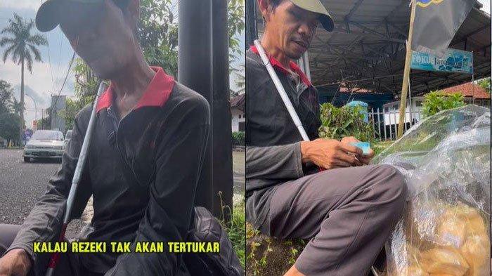 Kolase foto kisah Pria Tunanetra Jualan Kerupuk Nafkahi Keluarga, Jalan Puluhan Kilometer, Tak Takut Dibohongi.
