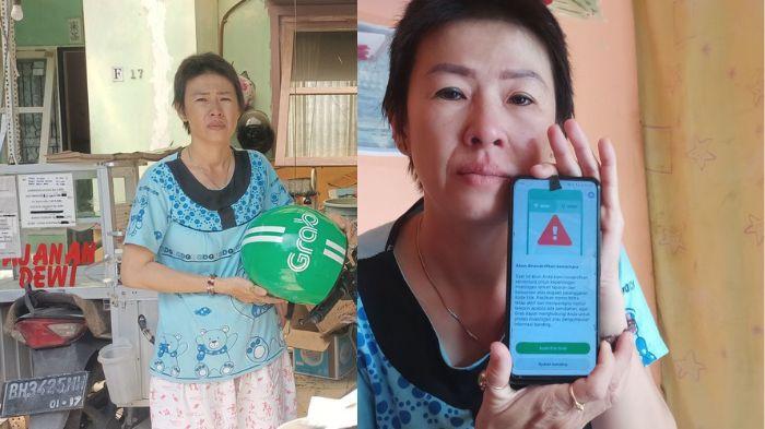 SUSPEND - (kanan) Sopir ojol di Jambi, Rosdewi (40) memperlihatkan akunnya yang kena suspend, Selasa (22/7/2025)
(kiri) Rosdewi berfoto di depan rumahnya