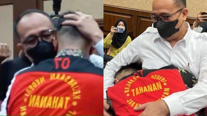 Momen Rafael Alun dan Mario Dandy berpelukan di ruang sidang Pengadilan Tindak Pidana Korupsi (Tipikor) Pengadilan Negeri (PN) Jakarta Pusat, Senin (6/11/2023)