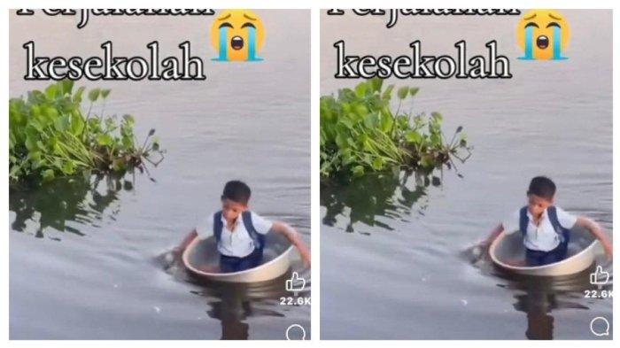Seorang bocah menaiki baskom tersebut untuk menyebrangi sungai saat berangkat dan pulang sekolah.