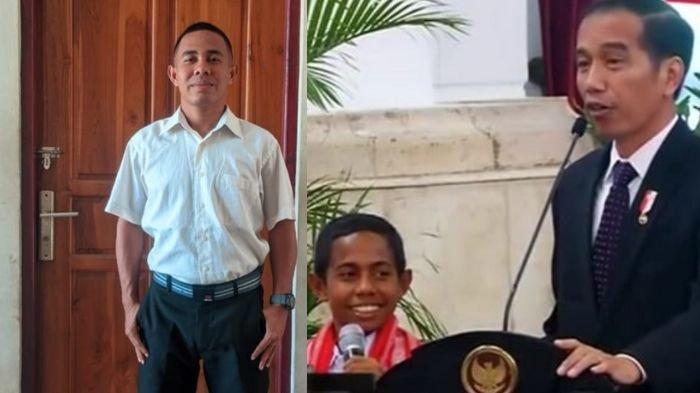 Joni (kiri)
Joni saat bertemu Presiden Jokowi usai viral panjat tiang bendera (kanan)