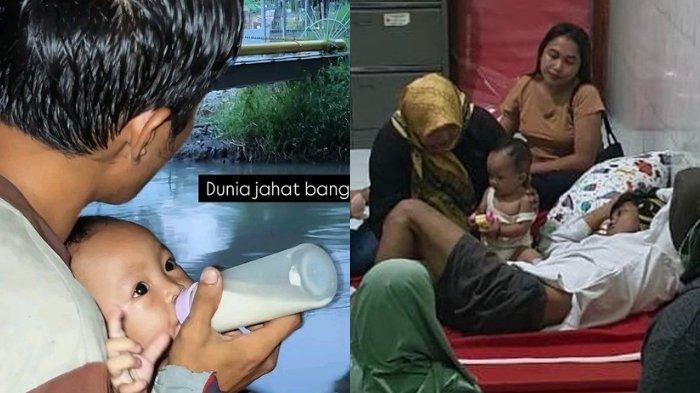 Foto Yusuf dan bayinya Zafa saat di kolong jembatan frontage Gedangan, Sidoarjo (kiri) dan saat keduanya sudah berkumpul dengan keluarga di Jombang.