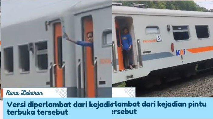 Kolase foto penumpang Nekat Lambaikan Tangan Keluar saat Kereta Melaju Cepat.