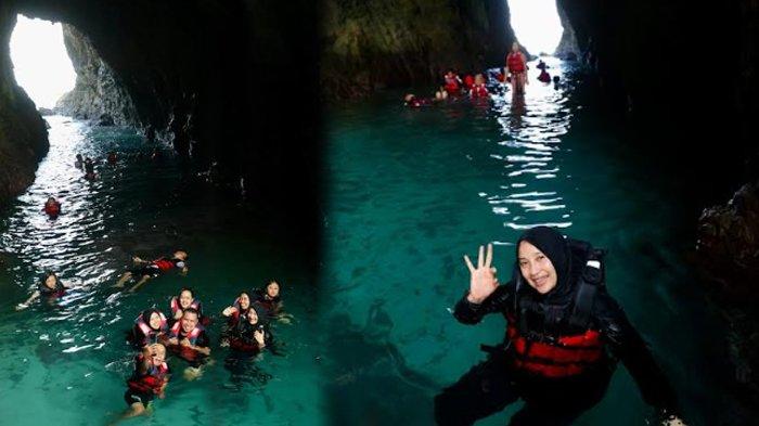 PULAU BEDIL - Bupati Banyuwangi Ipuk Fiestiandani saat mengunjungi Pulau Bedil di Kecamatan Pesanggaran. Destinasi baru ini menawarkan pemandangan indah dan eksotis, yang dikenal sebagai 'Raja Ampat-nya Banyuwangi'.