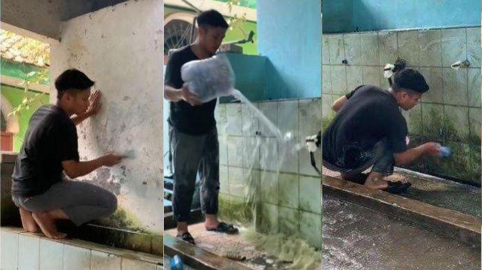 Kolase foto Cecep Penjual Tahu Gejrot Rela Bersihkan Toilet Masjid Selama 12 Tahun. Ternyata masa lalunya pilu.