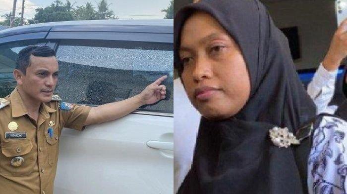 Sudarsono menunjukkan kaca mobil dinasnya yang pecah
