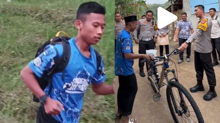 Alif Siswa SMA Yatim Piatu di Jember Lari 5 Km ke Sekolah (kiri), Alif dapat sepeda dari Kapolres Jember (kanan).
