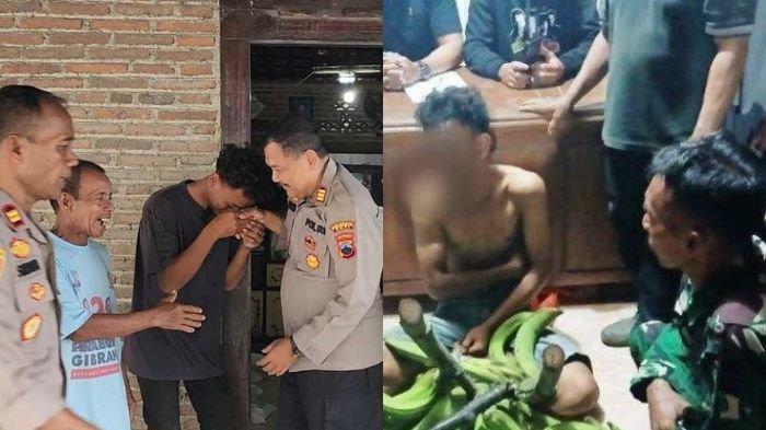 SISWA PENCURI PISANG - Kapolsek Tlogowungu, AKP Mujahid mengunjungi rumah AAP di Kecamatan Trangkil dan mengangkatnya menjadi anak asuh, Jumat (21/02/25) (kiri). Tangkap layar video saat AAP diarak warga usai mencuri pisang (kanan)