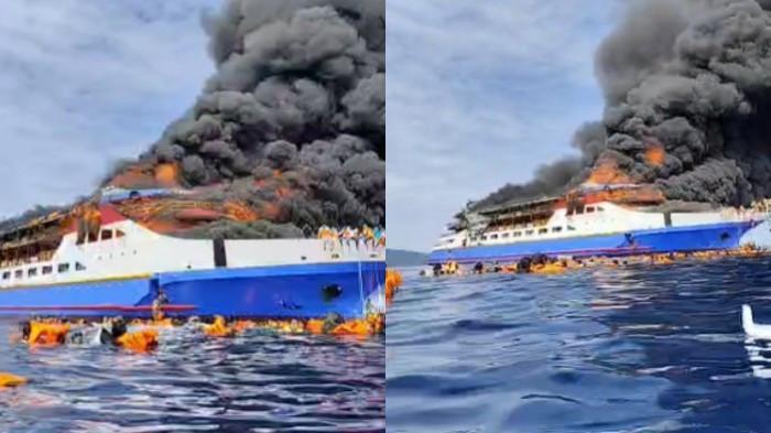 KAPAL TERBAKAR - foto KM Barcelona VA yang Terbakar di Perairan Pulau Talise Sulawesi Utara.
