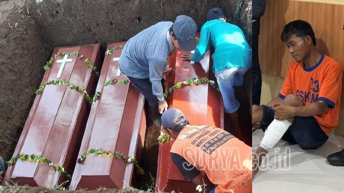 Pemakaman keluarga korban (kiri) di TPU Desa Pandantoyo Kecamatan Ngancar Kabupaten Kediri, Jumat (6/12/2024). Dan pelaku pembunuhan Yusa Cahyo Utomo (kanan)
