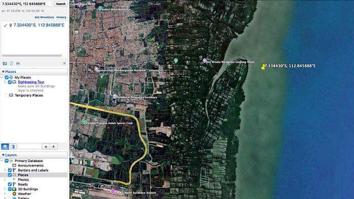 Tampilan lahan bersertifikat HGB di perairan dekat Surabaya. Lokasinya, berada di Desa Segoro Tambak, Kecamatan Sedati, Kabupaten Sidoarjo, Jawa Timur.