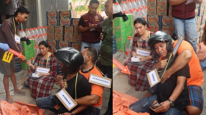 REKONSTRUKSI KURIR JNT - Suasana saat Polres Pamekasan, Madura menggelar rekonstruksi kasus penganiayaan yang dilakukan Zainal Arifin terhadap Irwan Siskiyanto, kurir JNT asal Dusun Bringah, Desa Dasok, Kecamatan Pademawu, Kabupaten Pamekasan, Madura di depan toko milik tersangka yang merupakan lokasi saat terjadinya penganiayaan di Jalan Raya Teja, Kabupaten Pamekasan, Kamis (3/7/2025).