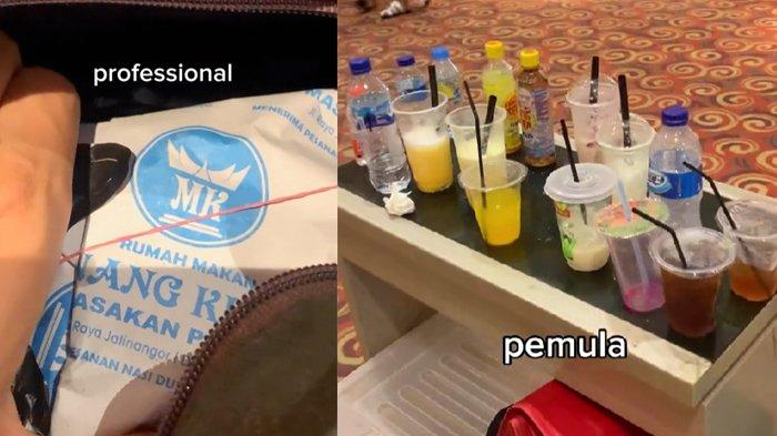 Alwi Johan menunjukkan minuman di meja pintu masuk bioskop dan menyebut dirinya profesional