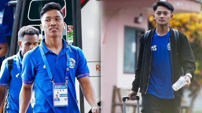 Pemain Arema FC Arkhan Fikri dan Achmad Maulana Syarif tiba di Padang jelang menghadapi Semen Padang FC, Rabu (25/12/2024). Ada 6 pemain Arema FC absen dan tidak dibawa ke Padang, di antaranya William Marcilio, Choi Bo-Kyung.