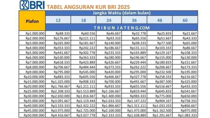TABEL KUR BRI 2025: Tabel cicilan KUR BRI 2025 jelang Ramadhan terendah Rp 65.000 per bulan untuk pinjaman antara Rp 3 juta hingga Rp 50 juta.