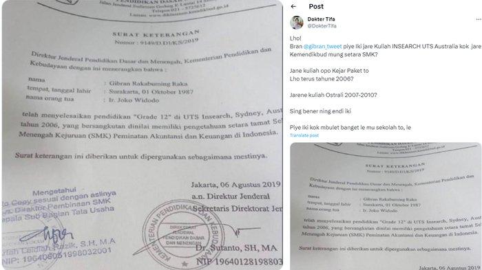 Cuitan Tifa melalui akun Twitternya mempertanyakan keaslian pendidikan Gibran