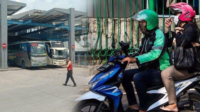 ATURAN TERMINAL ARJOSARI - Jalur keberangkatan bus di Terminal Arjosari Kota Malang (KIRI), Minggu (23/3/2025). Pengemudi ojek online dengan penumpangnya (KANAN) melintas di Kawasan Stasiun Sudirman, Jakarta Pusat, Senin (8/6/2020). Revisi aturan dilarang jemput penumpang di Terminal Arjosari merugikan driver dan penumpang, protes keberatan.
