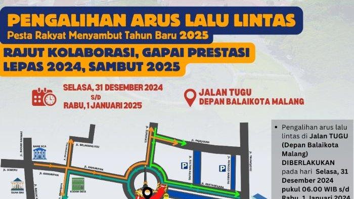 Denah rekayasa lalu lintas selama pesta rakyat. Denny Caknan dan Salma Ashanty Ramaikan Pesta Rakyat di Balai Kota Malang Sambut Tahun Baru 2025.