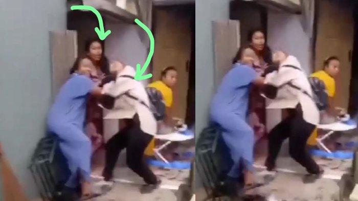 Emak-emak berdaster merah menjambak penagih utang baju putih