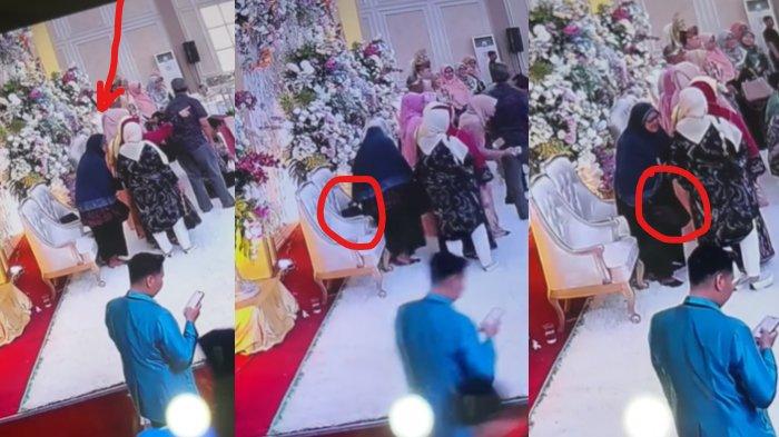 Emak-emak terduga pelaku mengambil tas diduga berisi amplop dari kursi di pelaminan