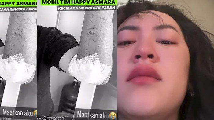 Happy Asmara menangis (kiri) Delva Irawan dan kru kecelakaan