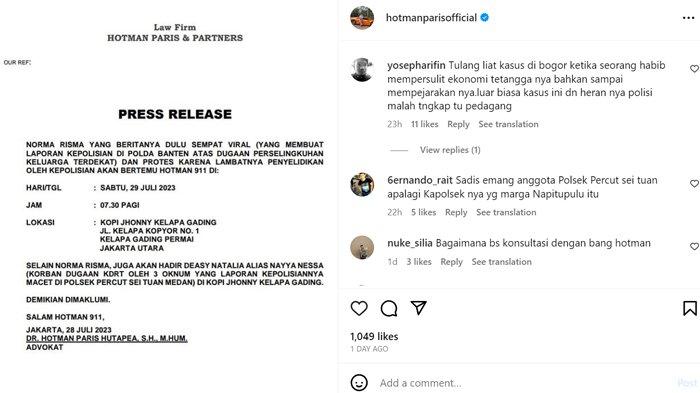 Hotman Paris mengunggah kabar Norma Risma