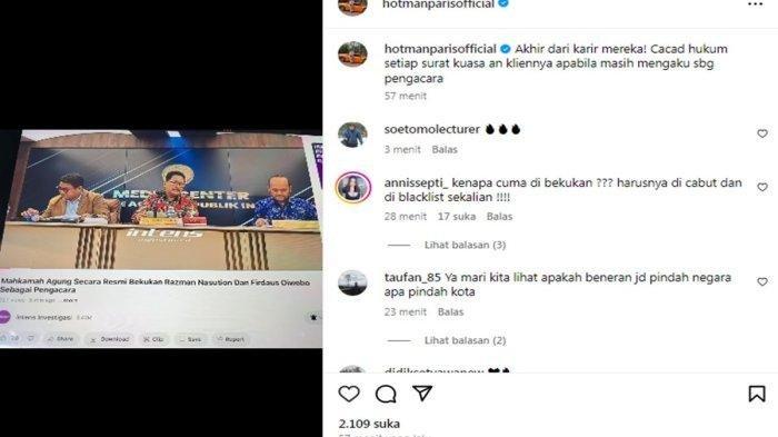 SUMPAH ADVOKAT DICABUT : Tangkapan layar instagram Hotman Paris tanggapi soal kabar pencabutan Sumpah Advokat Razman Nasuton dan Firdaus Oiwobo, Kamis (13/2/2025). Hotman sebut karier pengacara berakhir