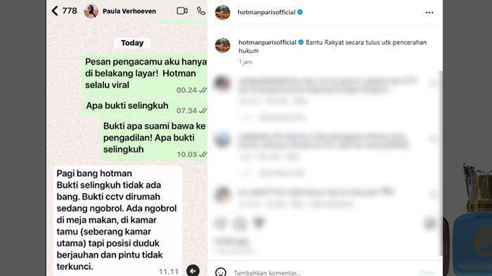 ISU PAULA SELINGKUH: Tangkapan layar Hotman Paris membocorkan isi chat Paula Verhoeven yakni tentang dua bukti yang dimiliki Baim Wong soal isu perselingkuhan. Hotman pun bereaksi terkait dengan curhatan dari Paula tersebut, Minggu (20/4/2025).