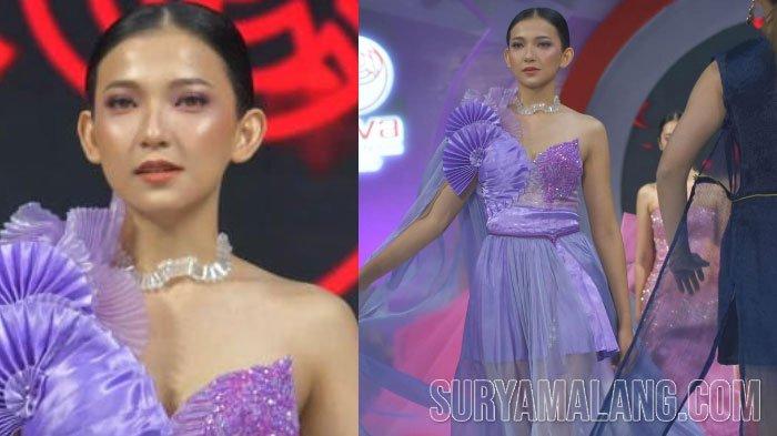 Busana karya Iman Adinnura dari Arva School of Fashion Surabaya yang menampilkan gaun malam berwarna ungu.