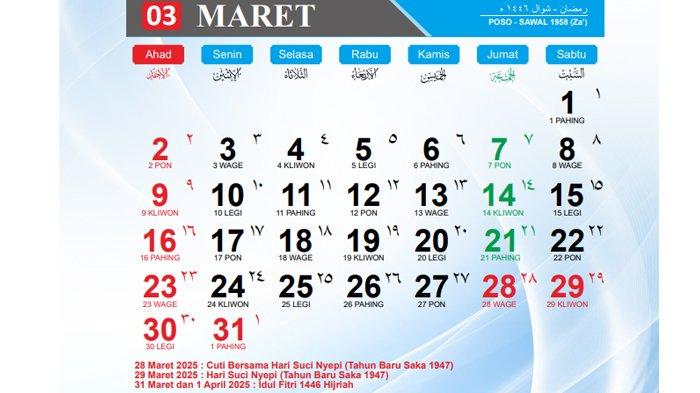 KALENDER MARET 2025 - Kalender Hijriah Indonesia Tahun 2025 yang dirilis Kementerian Agama (Kemenag) sebagai pedoman bagi masyarakat Indonesia termasuk melihat hari besar nasional. Di bulan Maret ada banyak hari penting nasional mulai Ramadhan, Hari Suci Nyepi dan Idulfitri.