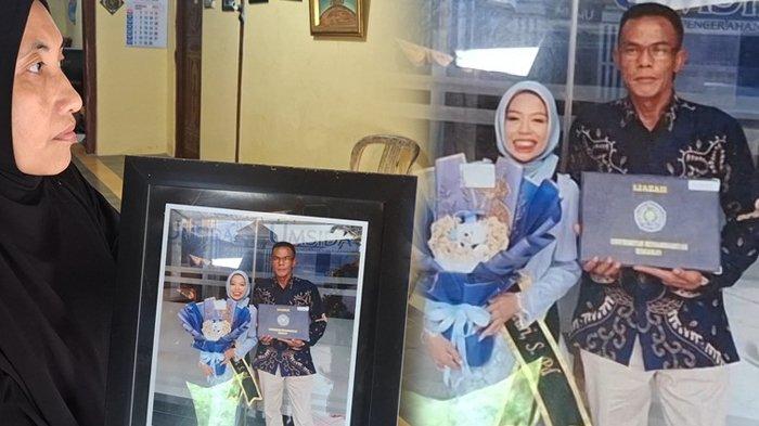 Kerabat menunjukkan foto Untung Subagyo saat menghadiri wisuda putrinya