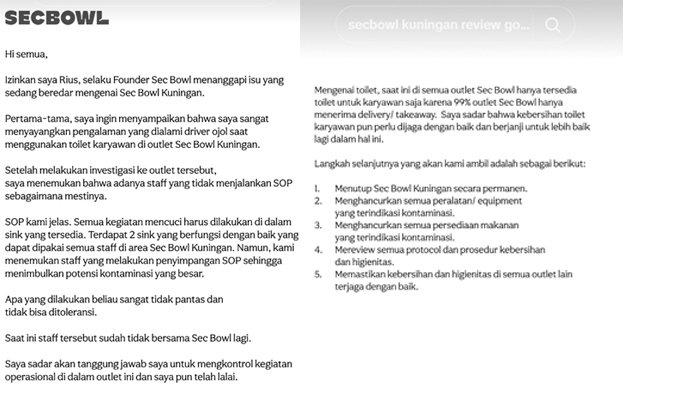 Klarifikasi founder Sec Bowl, Rius Vernandes soal alat masak dicuci di toilet
