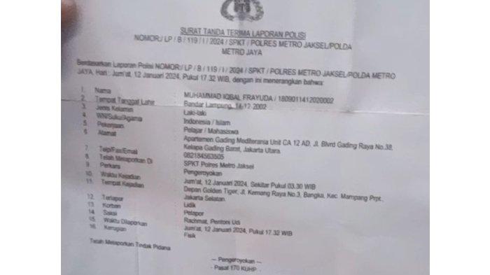 Laporan Iqbal teregistrasi dengan nomer perkara LP/B/119/I/2024/SPKT Polres Metro Jaksel pertanggal 12 Januari 2024.