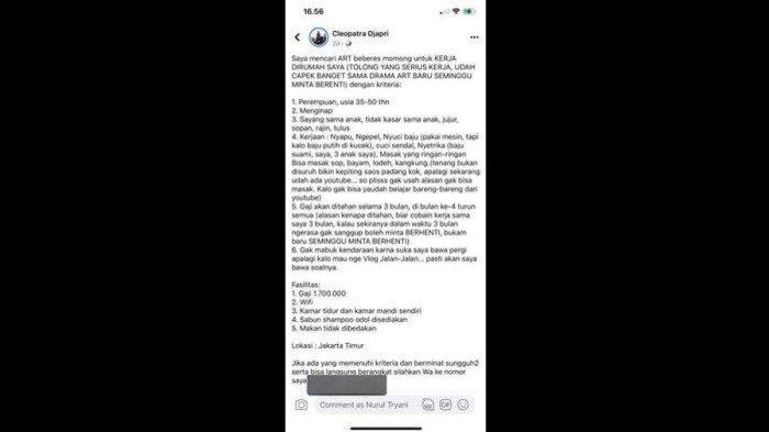 Lowongan kerja cari ART yang sedang viral diunggah Cleo eks JKT48