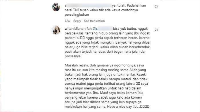 MANTAN ISTRI TEDDY: Tangkapan layar mantan istri Mayor Teddy, Wita Nidia Hanifah menjawab komentar nyinyir netizen pada bulan Mei 2024 lalu. (Instagram @witanidiahanifah)