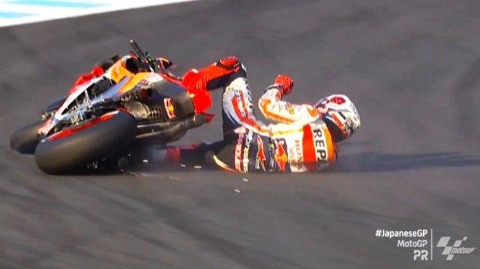 Pembalap Repsol Honda, Marc Marquez kumat, crash lagi pada sesi Practice MotoGP Jepang 2023 di Sirkuit Motegi, Jumat (29/9/2023).