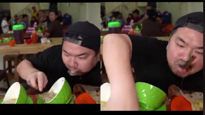 Nex Carlos setelah mengangkat wajahnya yang nyungsep ke kuah soto, sendok masih nempel