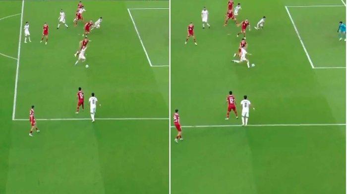 Posisi pemain Irak di garis pertahanan Timnas Indonesia yang dinilai sudah offside sebelum terjadinya gol kedua Irak yang kontroversial di laga Timnas Indonesia Vs Irak di Piala Asia 2023 Qatar, Senin (15/1/2024).