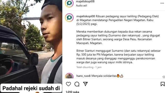 PEDAGANG SAYUR KELILING DIGUGAT - Tangkapan layar unggahan akun Instagram @majeliskopi08 pada Kamis (6/2/2025). Pedagang sayur keliling bernama Marno di Magetan dilabrak oleh pemilik toko kelontong di esa Pesu, Kecamatan Maospati, Kabupaten Magetan bernama Bitner Sianturi.