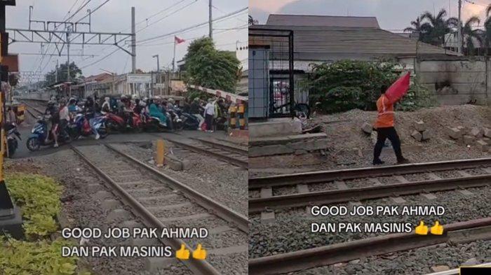 Pak Ahmad menghentikan kereta api yang lewat saat puluhan pengendara terjebak di tengah rel