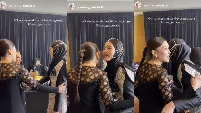 Pedangdut Ayu Ting Ting bertemu Inara Rusli di acara fashion show desainer Ivan Gunawan.